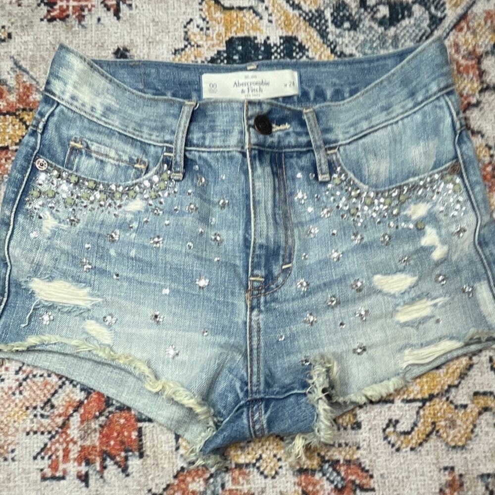 Y2K Indie Sleaze Abercrombie Rhinestone Distressed Denim Shorts 00 24